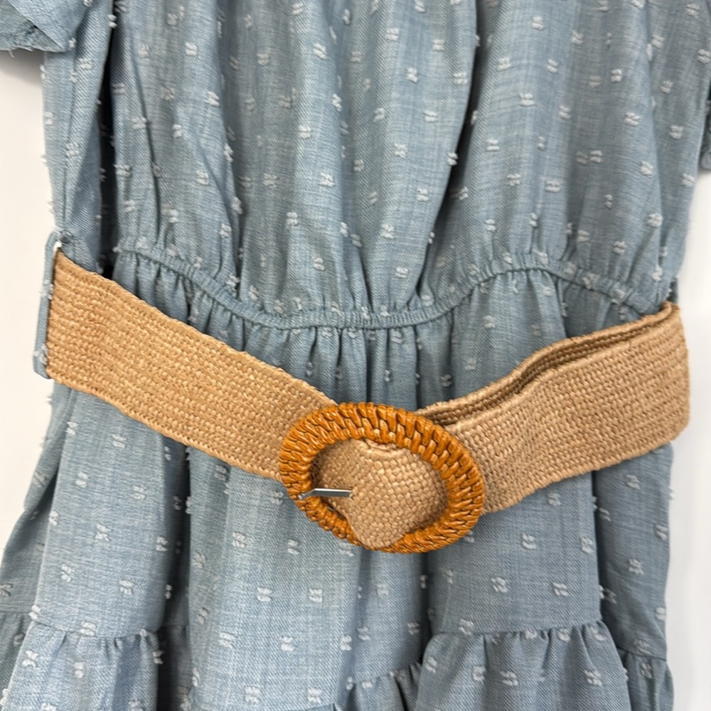 Blu Pepper Blue Ruffled Tiered Dress w/Flutter Sleeves & Ratan Belt - Large NWT - Picture 3 of 11